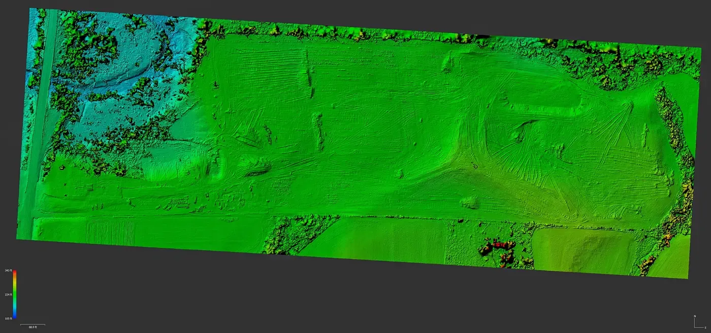 A LiDAR-derived elevation model of a surveyed site, colour-ramped by height