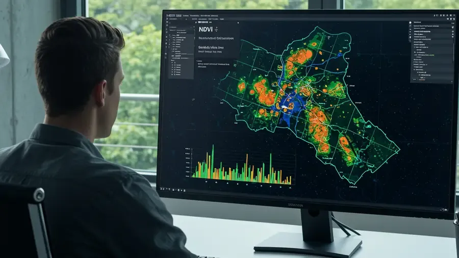 A GIS analyst reviewing an NDVI crop-health map and time series on screen